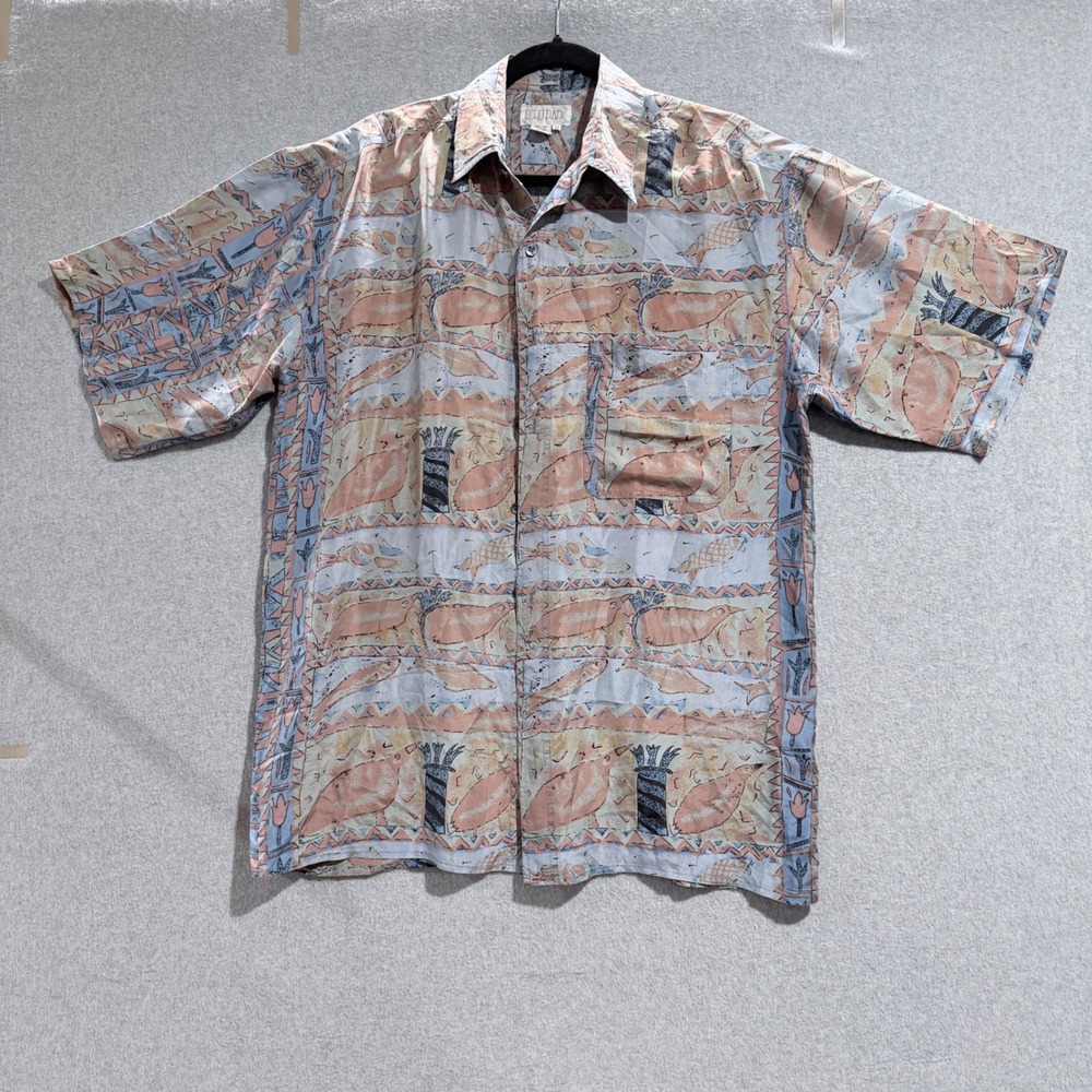 eclectic grandpa Mens Silk Short Sleeve Button Up Shirt Blue Peach funky boho M